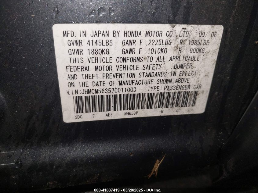 2007 Honda Accord 2.4 Se VIN: JHMCM56357C011003 Lot: 41837419