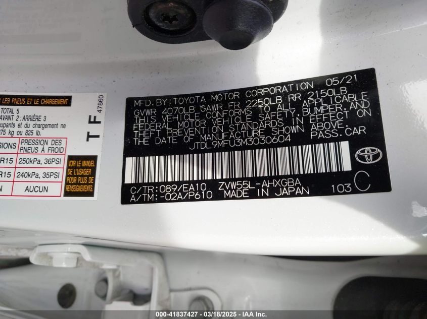 2021 Toyota Prius Xle Awd-E VIN: JTDL9MFU3M3030604 Lot: 41837427