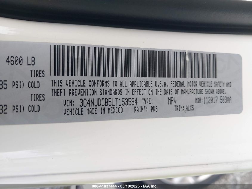 2020 Jeep Compass Limited 4X4 VIN: 3C4NJDCB5LT153584 Lot: 41837444