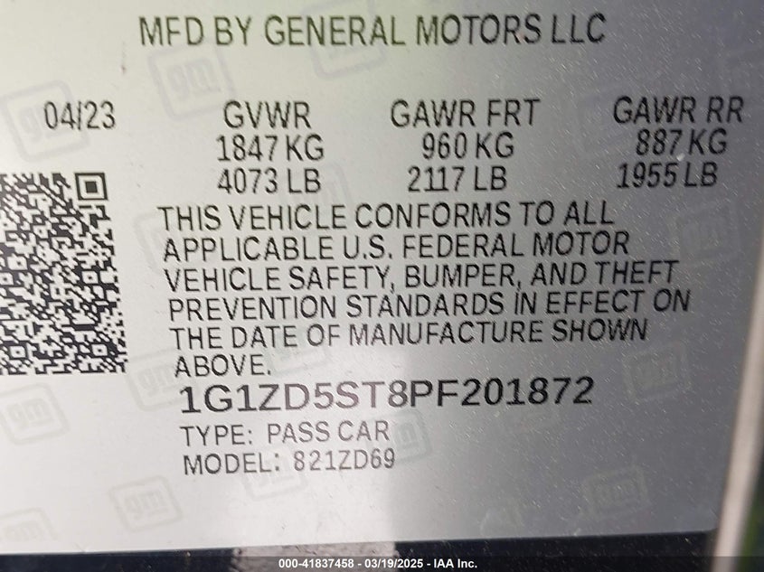 2023 CHEVROLET MALIBU VIN: 1G1ZD5ST8PF201872
