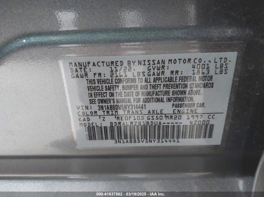 2022 NISSAN SENTRA VIN: 3N1AB8DV5NY314441