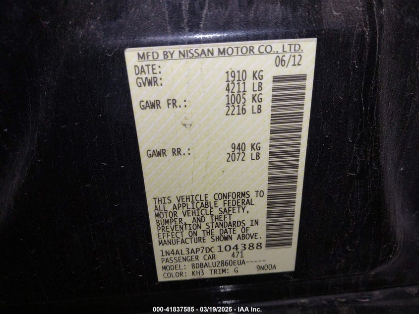 2013 NISSAN ALTIMA VIN: 1N4AL3AP7DC104388