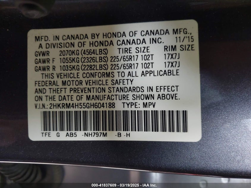 2016 HONDA CR-V VIN: 2HKRM4H55GH604188