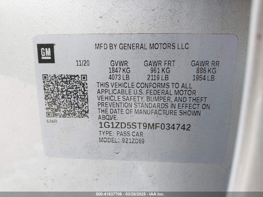 2021 CHEVROLET MALIBU VIN: 1G1ZD5ST9MF034742