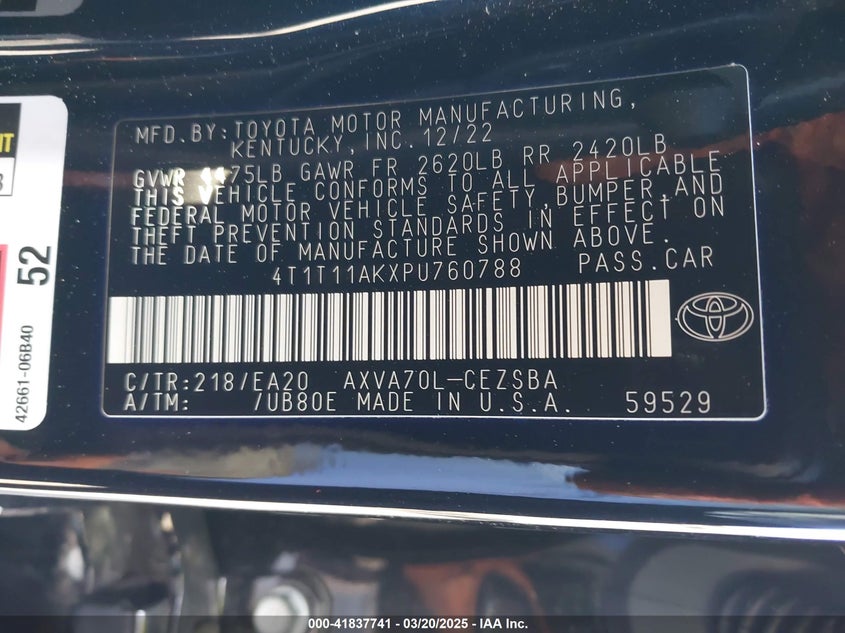 2023 TOYOTA CAMRY VIN: 4T1T11AKXPU760788