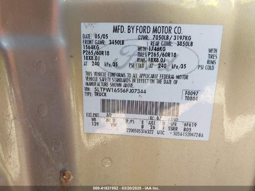 2006 Lincoln Mark Lt VIN: 5LTPW16556FJ07344 Lot: 41837852