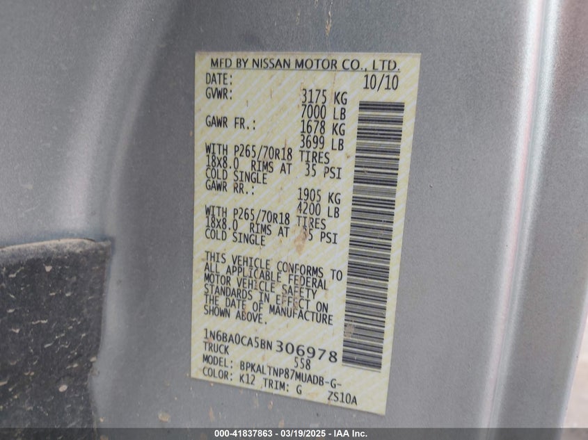 2011 NISSAN TITAN VIN: 1N6BA0CA5BN306978