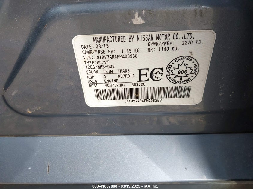 2015 INFINITI Q50 VIN: JN1BV7AR4FM406268