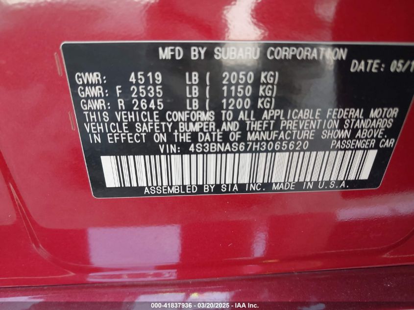 2017 Subaru Legacy 2.5I Limited VIN: 4S3BNAK67H3065620 Lot: 41837936