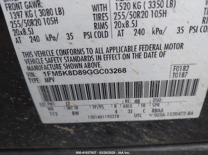2016 FORD EXPLORER VIN: 1FM5K8D89GGC03268