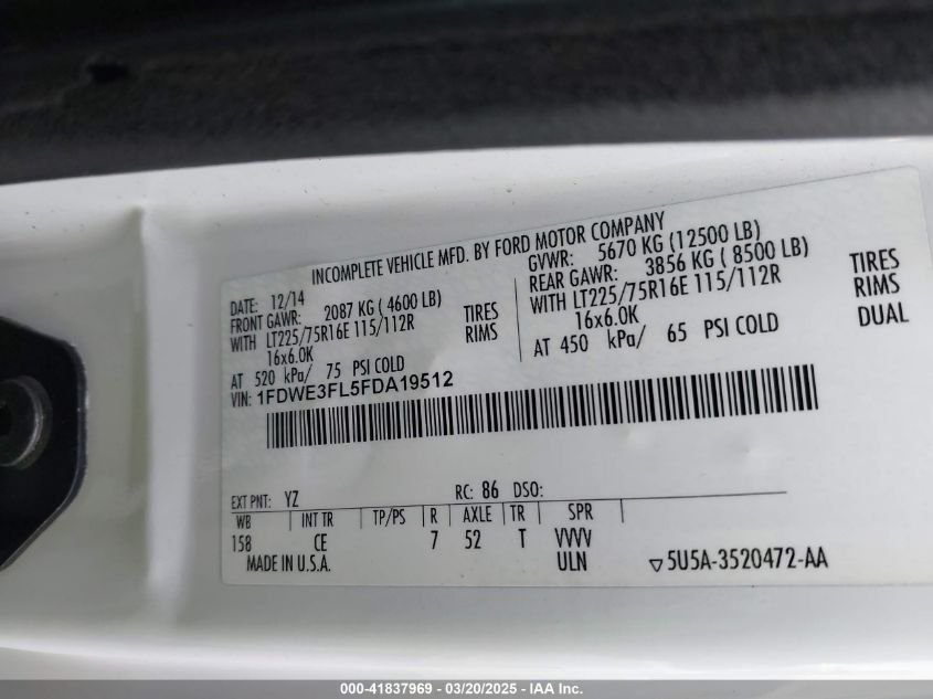 2015 Ford E-350 Cutaway VIN: 1FDWE3FL5FDA19512 Lot: 41837969