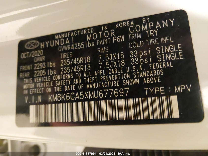 2021 HYUNDAI KONA VIN: KM8K6CA5XMU677697