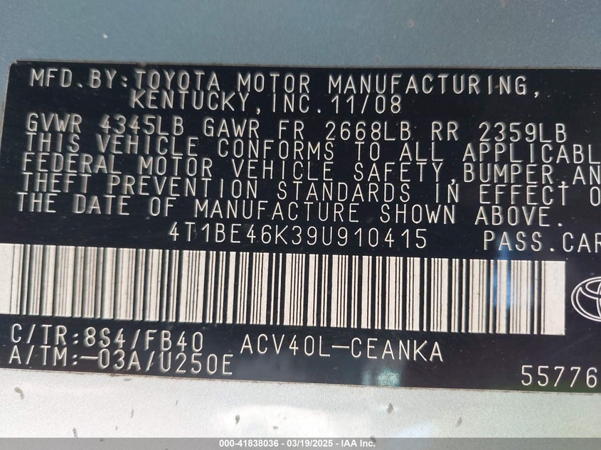 2009 TOYOTA CAMRY VIN: 4T1BE46K39U910415