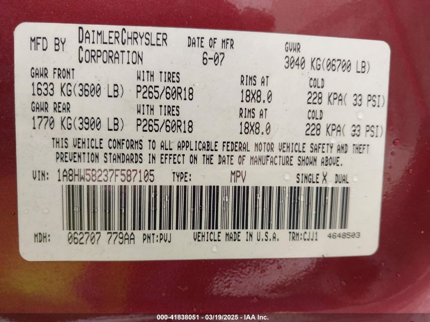 2007 Chrysler Aspen Limited VIN: 1A8HW58237F587105 Lot: 41838051