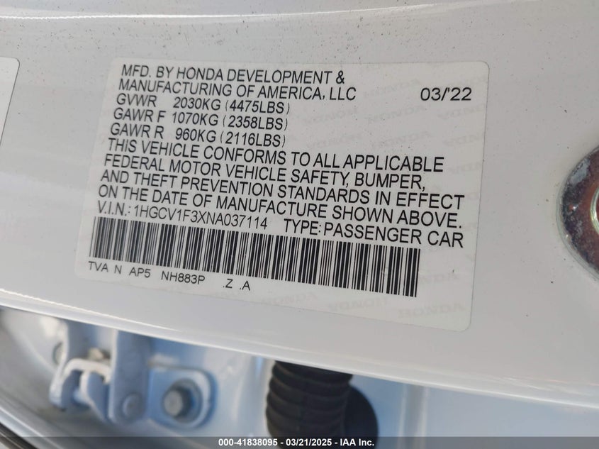 2022 HONDA ACCORD SPORT - 1HGCV1F3XNA037114