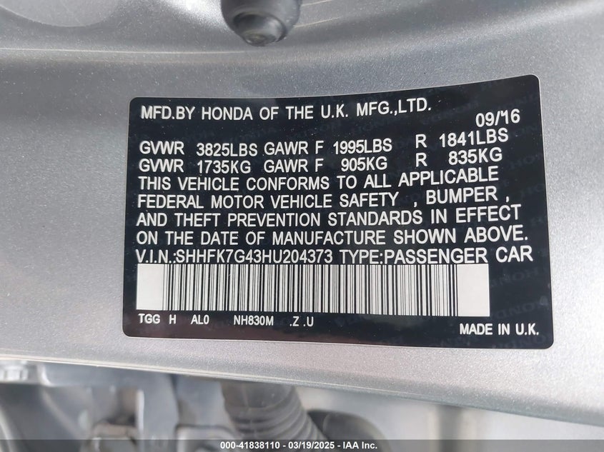 2017 HONDA CIVIC VIN: SHHFK7G43HU204373