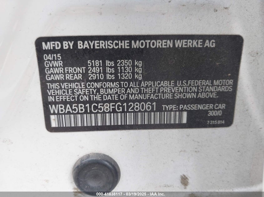 2015 BMW 535I VIN: WBA5B1C58FG128061