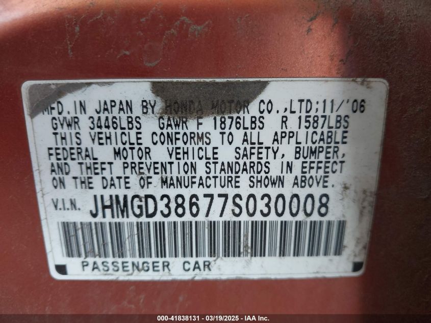 2007 Honda Fit Sport VIN: JHMGD38677S030008 Lot: 41838131