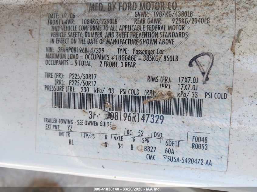 2006 FORD FUSION VIN: 3FAHP08196R147329