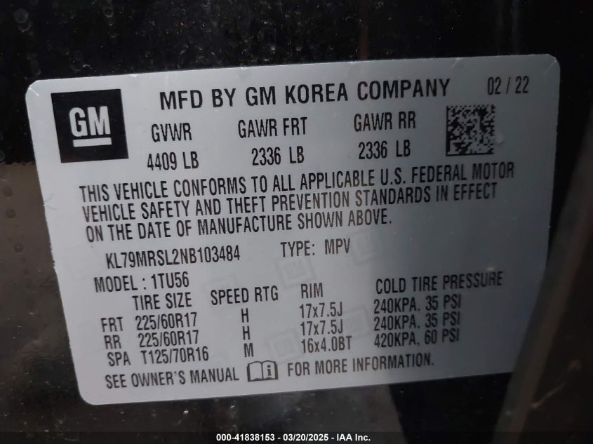 2022 Chevrolet Trailblazer Awd Lt VIN: KL79MRSL2NB103484 Lot: 41838153