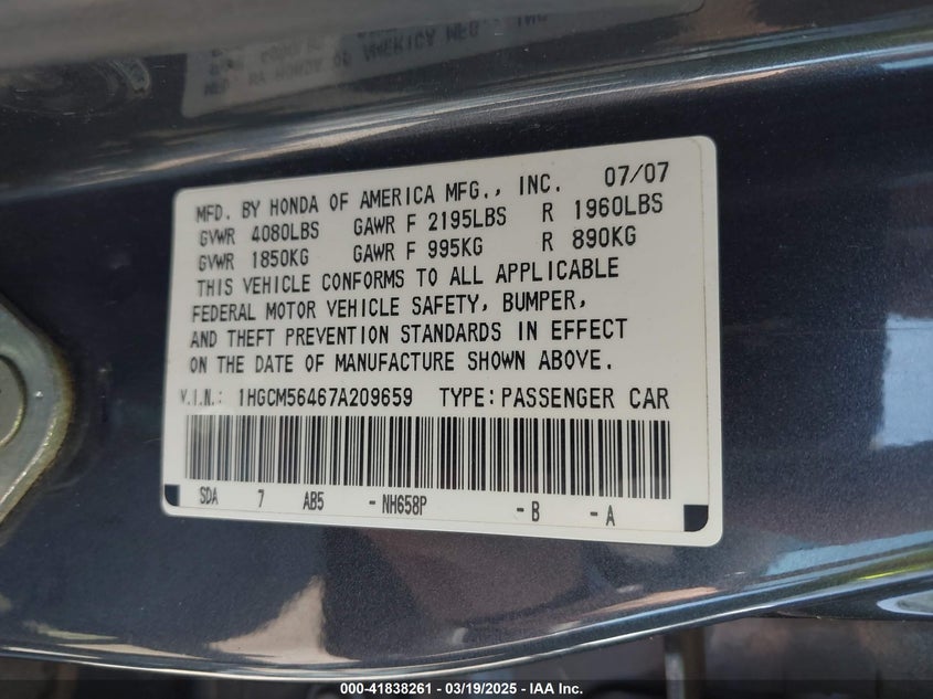 2007 HONDA ACCORD VIN: 1HGCM56467A209659