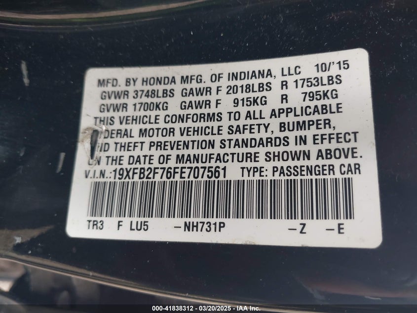2015 HONDA CIVIC VIN: 19XFB2F76FE707561