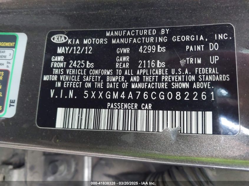 2012 Kia Optima Lx VIN: 5XXGM4A76CG082261 Lot: 41838328