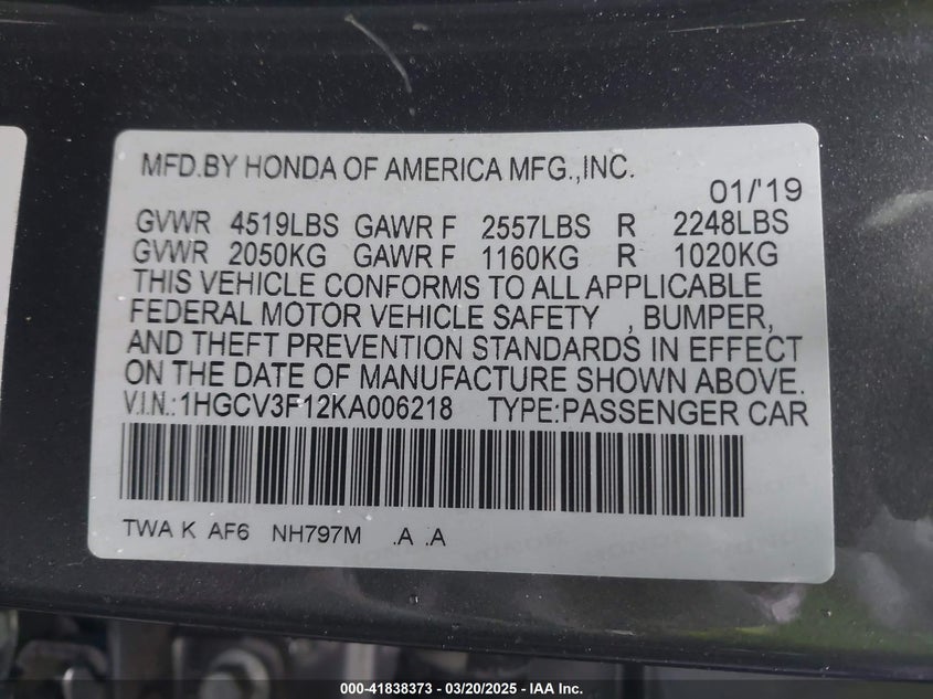 2019 HONDA ACCORD VIN: 1HGCV3F12KA006218