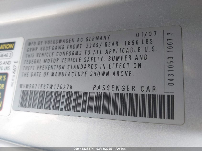 2007 Volkswagen Rabbit 2-Door VIN: WVWBR71K67W170278 Lot: 41838374