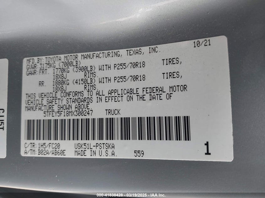 2021 TOYOTA TUNDRA SR5 - 5TFEY5F18MX300247