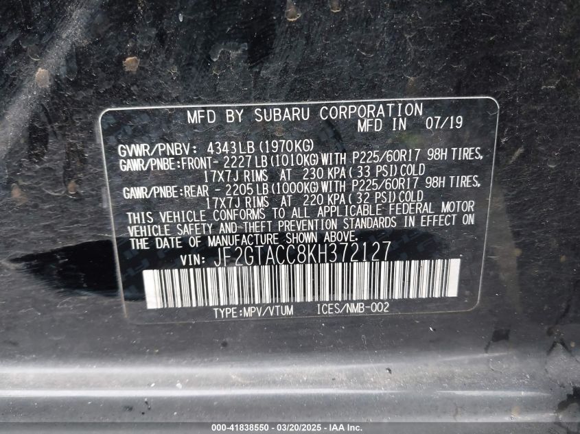 2019 Subaru Crosstrek 2.0I Premium VIN: JF2GTACC8KH372127 Lot: 41838550