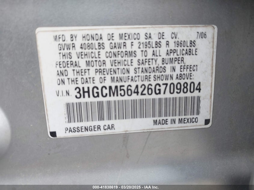 2006 HONDA ACCORD VIN: 3HGCM56426G709804