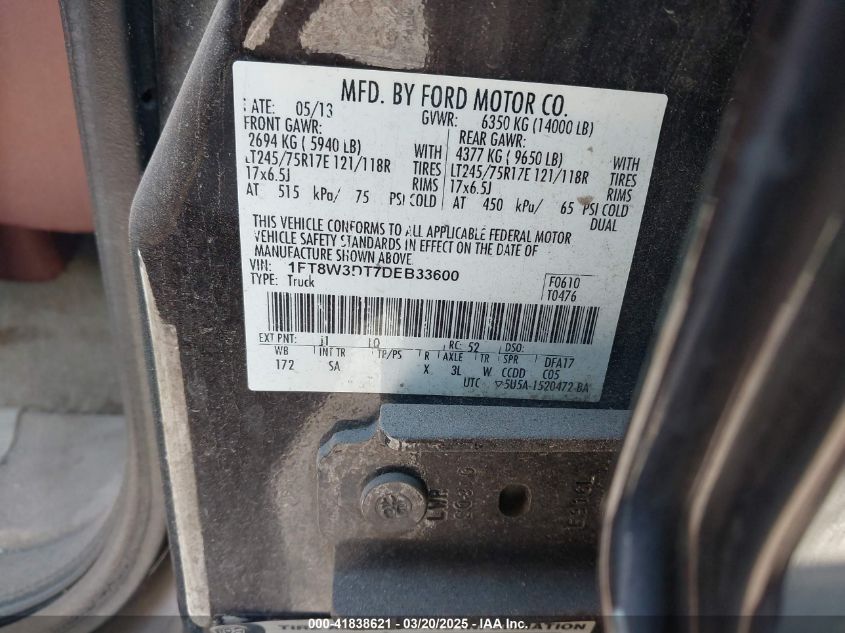 2013 Ford F-350 Lariat VIN: 1FT8W3DT7DEB33600 Lot: 41838621