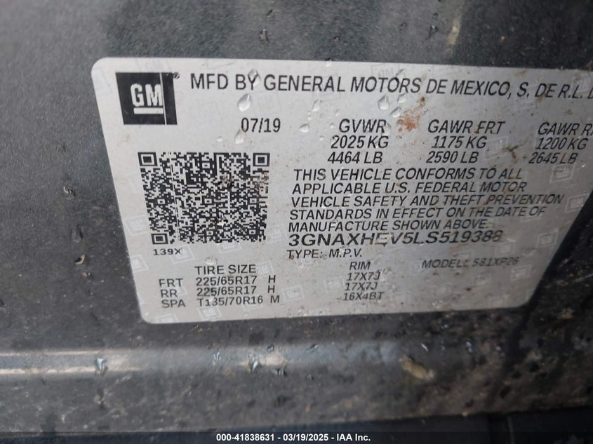 2020 CHEVROLET EQUINOX VIN: 3GNAXHEV5LS519388
