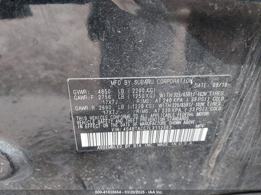 2020 Subaru Outback Premium VIN: 4S4BTACC7L3112563 Lot: 41838654