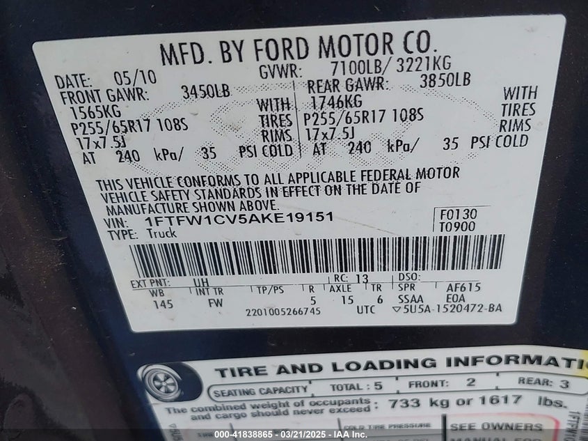 2010 FORD F-150 VIN: 1FTFW1CV5AKE19151