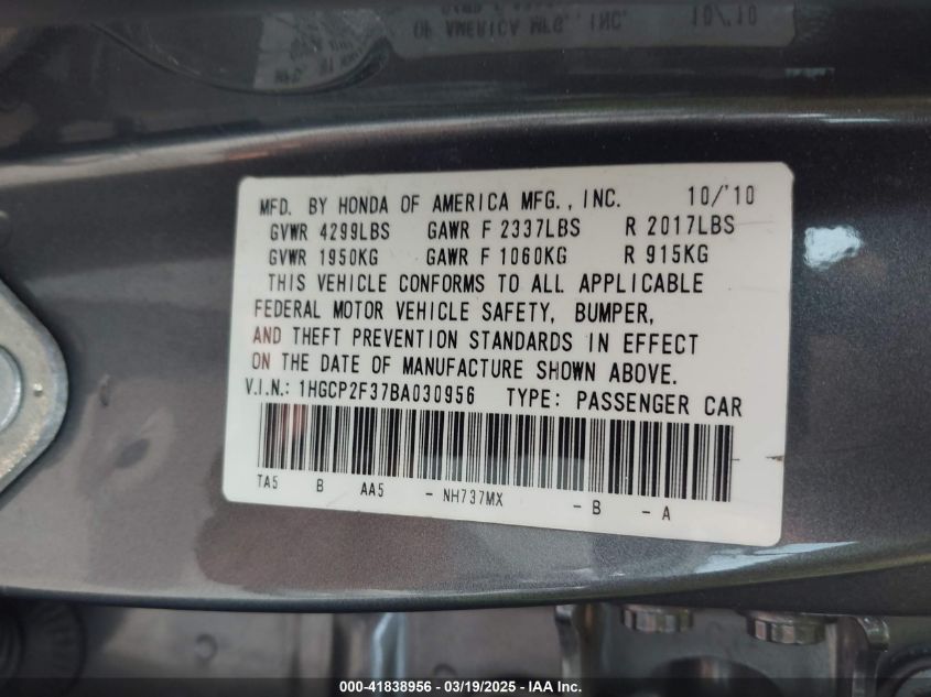 2011 Honda Accord 2.4 Lx VIN: 1HGCP2F37BA030956 Lot: 41838956