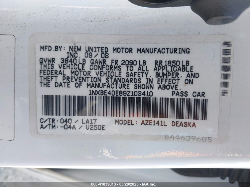 2009 TOYOTA COROLLA VIN: 1NXBE40E89Z103410