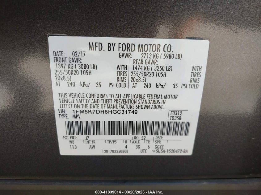 2017 FORD EXPLORER VIN: 1FM5K7DH6HGC31749