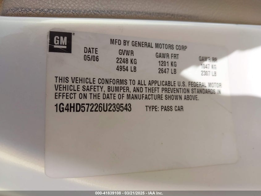 2006 BUICK LUCERNE VIN: 1G4HD57226U239543