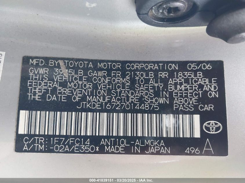 2007 Scion Tc VIN: JTKDE167270144875 Lot: 41839151