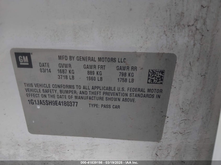 2014 CHEVROLET SONIC VIN: 1G1JA5SH9E4180377