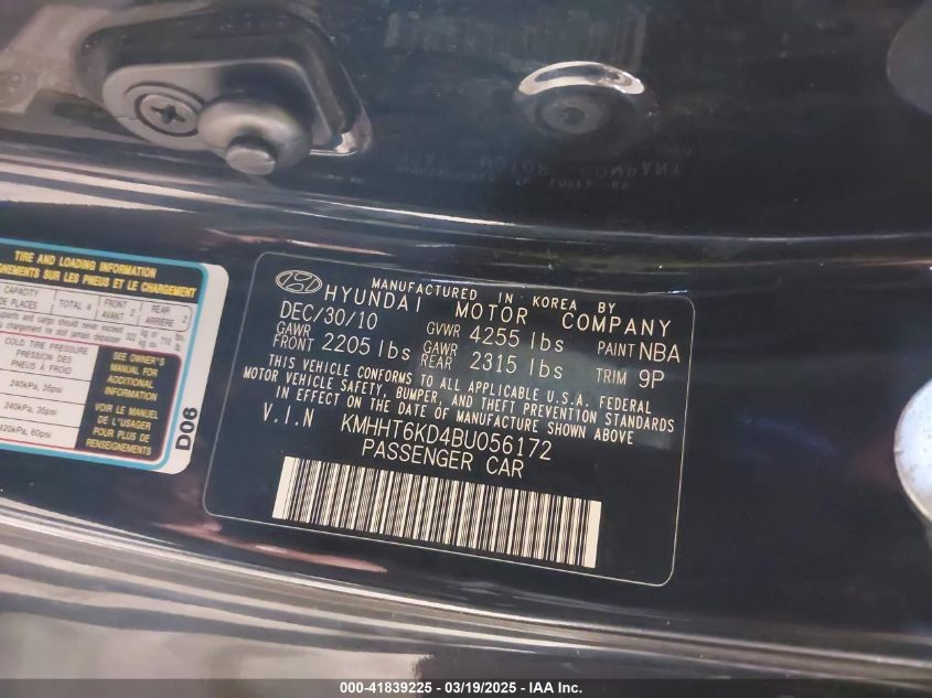 2011 Hyundai Genesis 2.0T VIN: KMHHT6KD4BU056172 Lot: 41839225