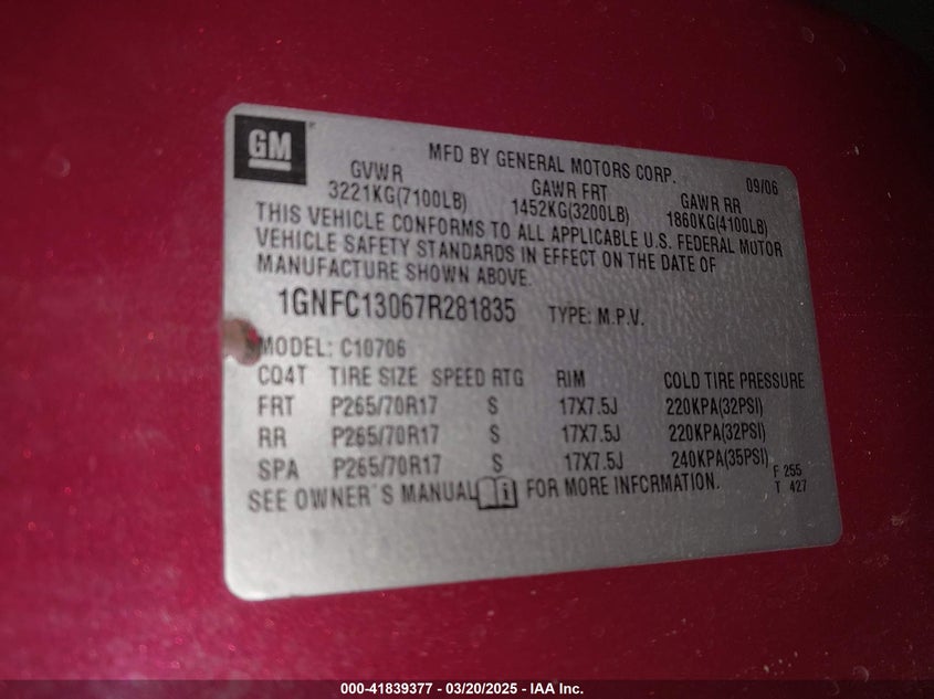 2007 CHEVROLET TAHOE VIN: 1GNFC13067R281835