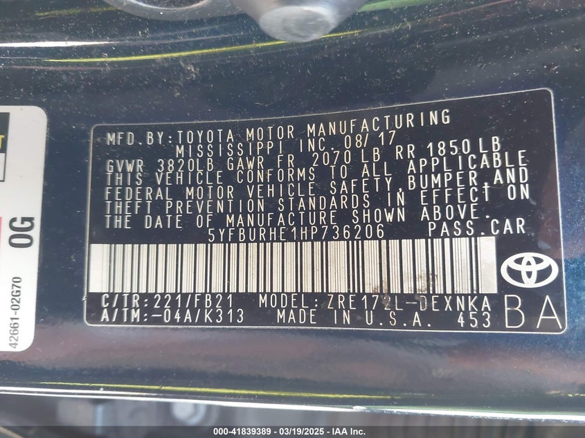 2017 TOYOTA COROLLA VIN: 5YFBURHE1HP736206