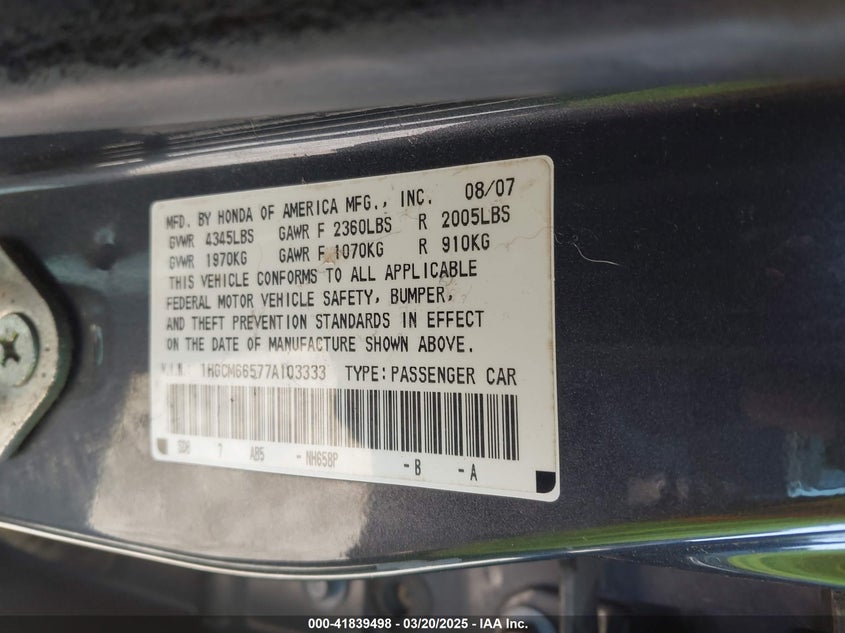 2007 HONDA ACCORD VIN: 1HGCM66577A103333