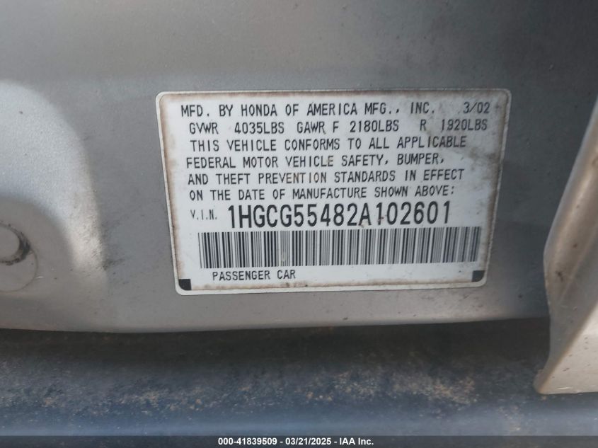 2002 Honda Accord 2.3 Lx VIN: 1HGCG55482A102601 Lot: 41839509