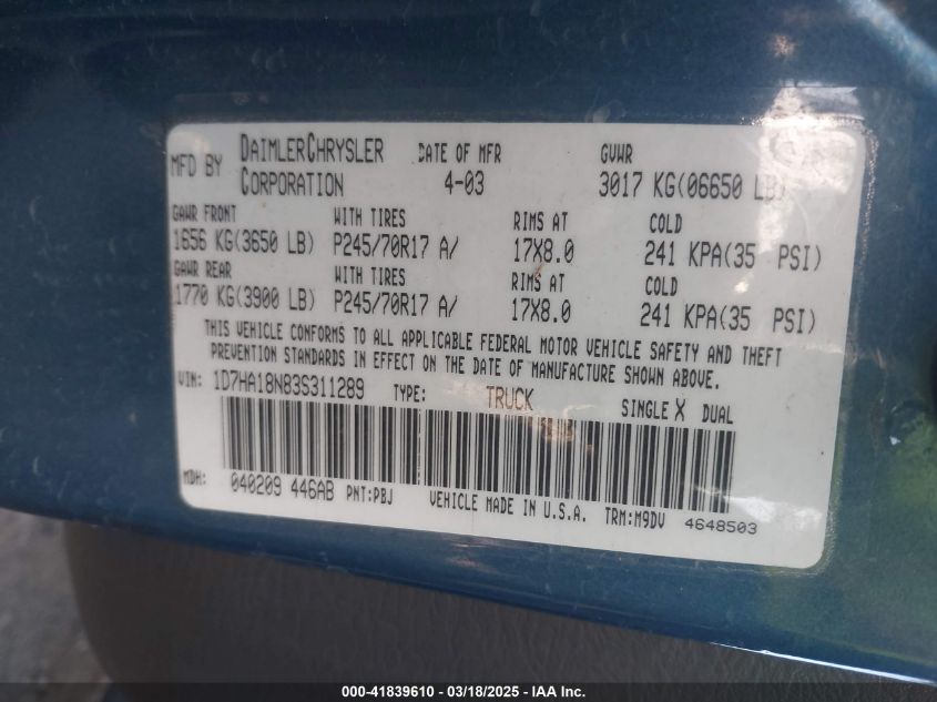 2003 Dodge Ram 1500 Slt/Laramie/St VIN: 1D7HA18N83S311289 Lot: 41839610