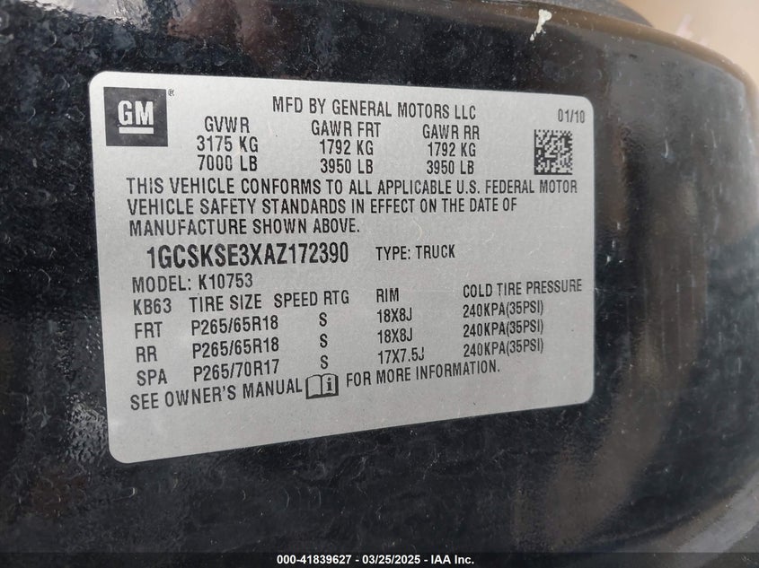 2010 CHEVROLET SILVERADO 1500 VIN: 1GCSKSE3XAZ172390