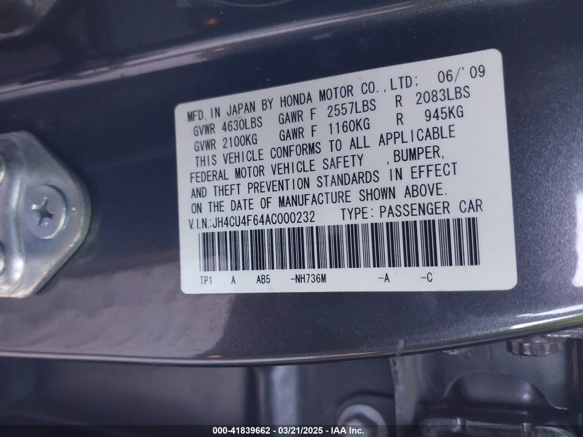2010 ACURA TSX VIN: JH4CU4F64AC000232